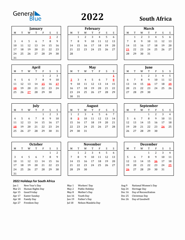2022 South Africa Holiday Calendar - Monday Start