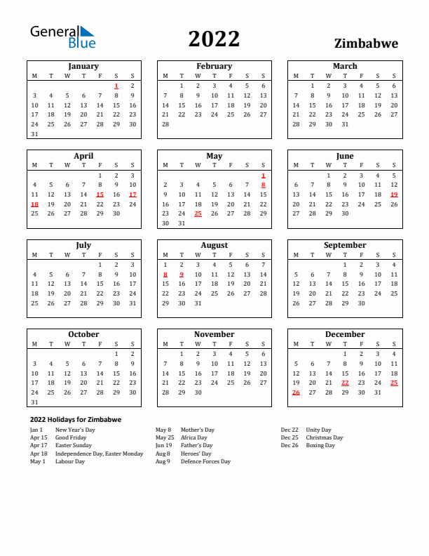 2022 Zimbabwe Holiday Calendar - Monday Start