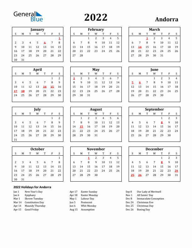 2022 Andorra Holiday Calendar - Sunday Start