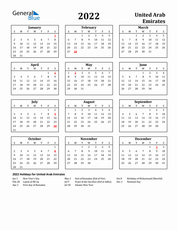 2022 United Arab Emirates Holiday Calendar - Sunday Start
