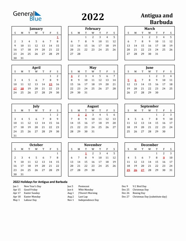 2022 Antigua and Barbuda Holiday Calendar - Sunday Start