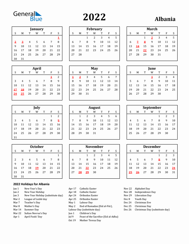 2022 Albania Holiday Calendar - Sunday Start