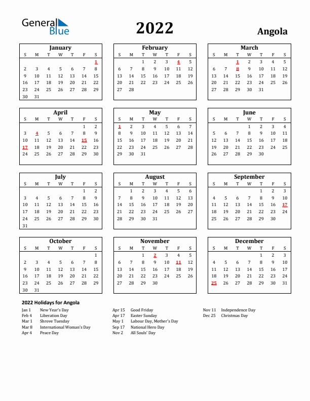 2022 Angola Holiday Calendar - Sunday Start