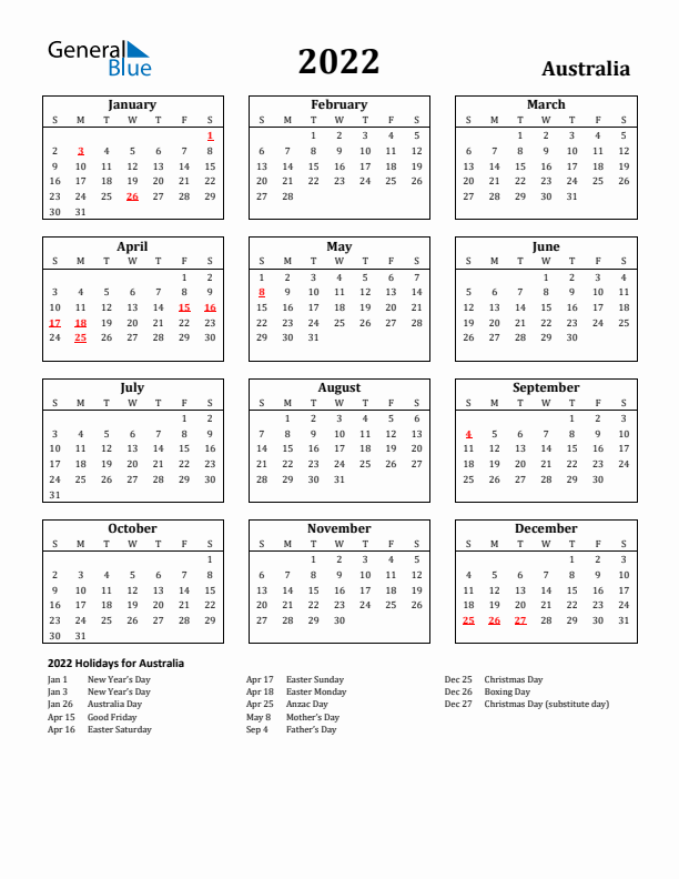 2022 Australia Holiday Calendar - Sunday Start