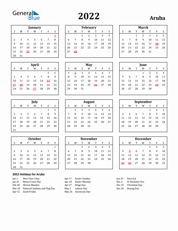 2022 Aruba Holiday Calendar - Sunday Start