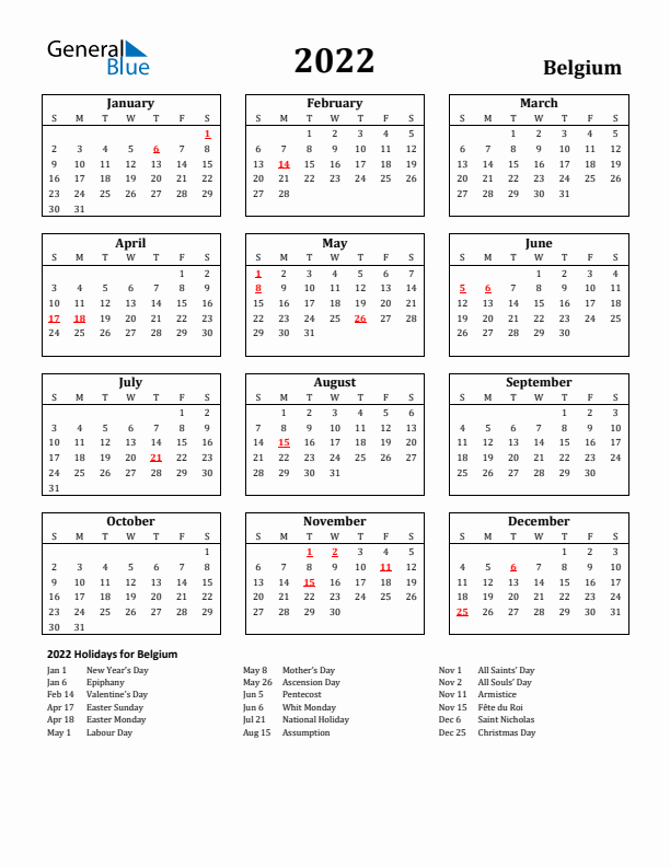 2022 Belgium Holiday Calendar - Sunday Start