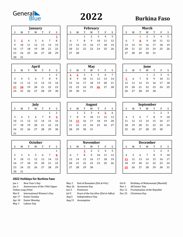 2022 Burkina Faso Holiday Calendar - Sunday Start