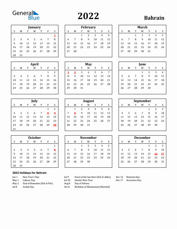 2022 Bahrain Holiday Calendar - Sunday Start