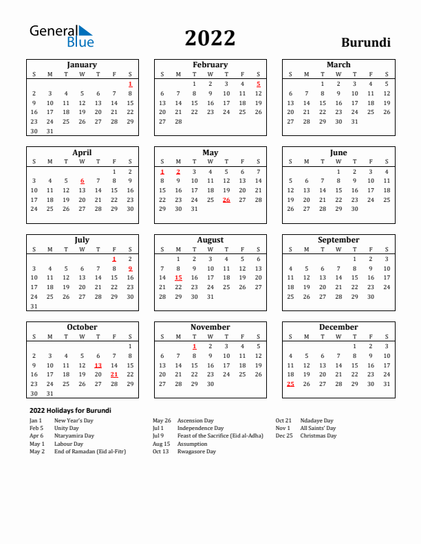 2022 Burundi Holiday Calendar - Sunday Start