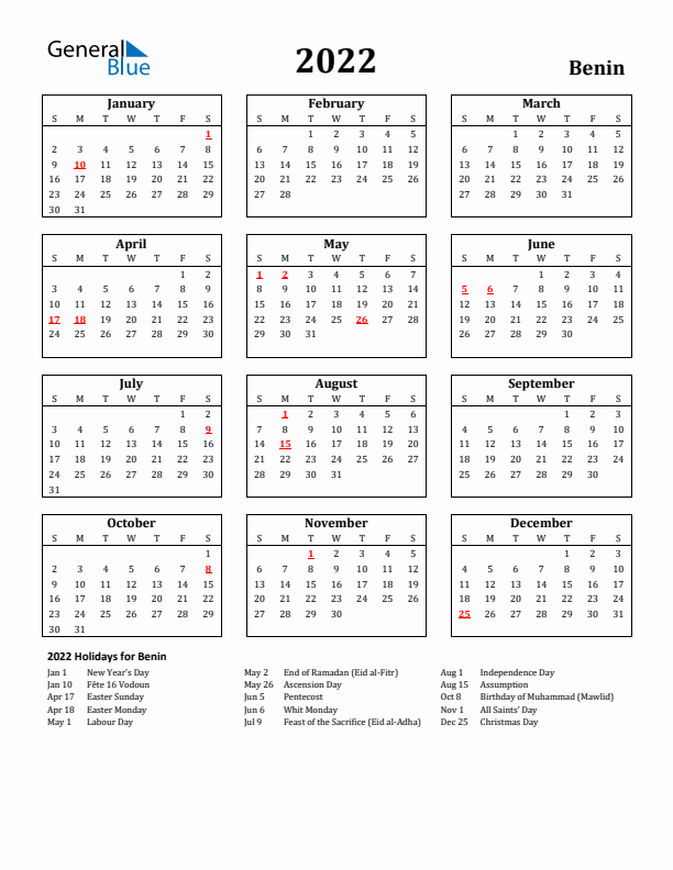 2022 Benin Holiday Calendar - Sunday Start