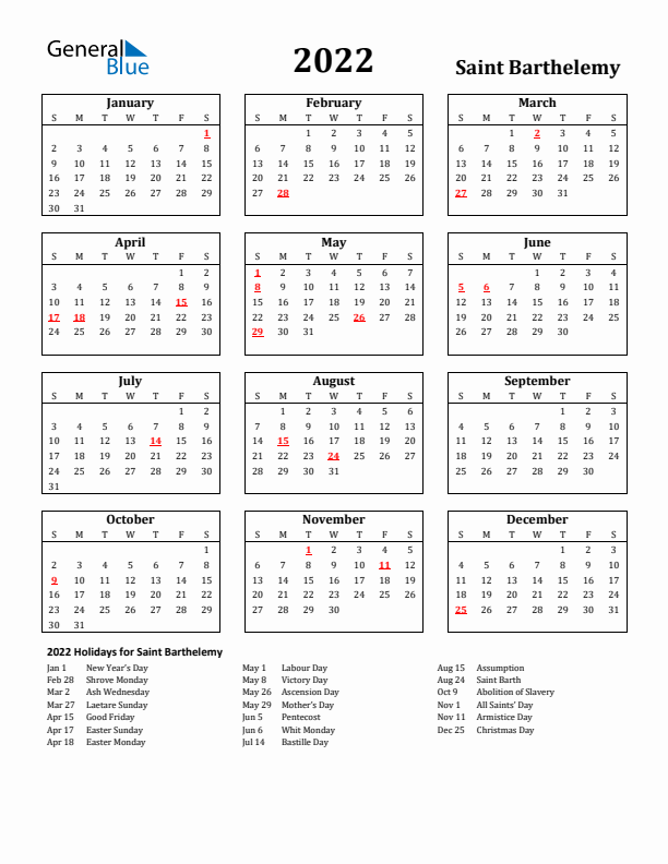 2022 Saint Barthelemy Holiday Calendar - Sunday Start