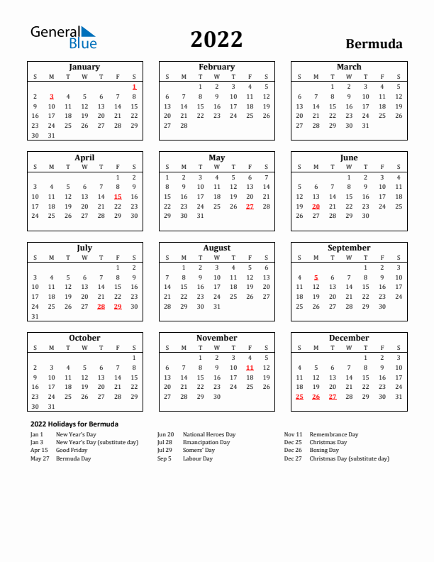2022 Bermuda Holiday Calendar - Sunday Start