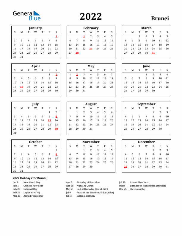 2022 Brunei Holiday Calendar - Sunday Start