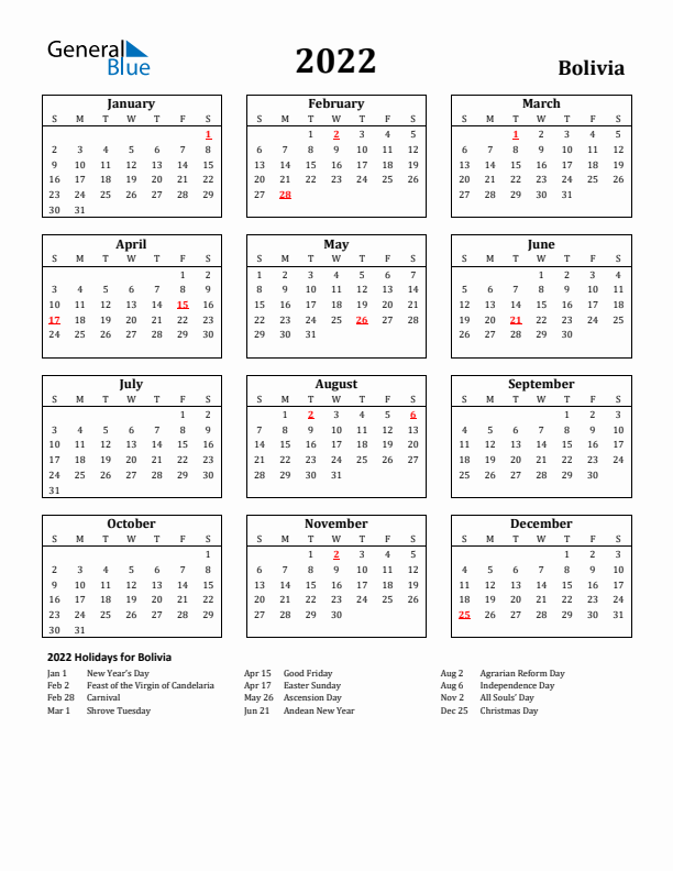 2022 Bolivia Holiday Calendar - Sunday Start