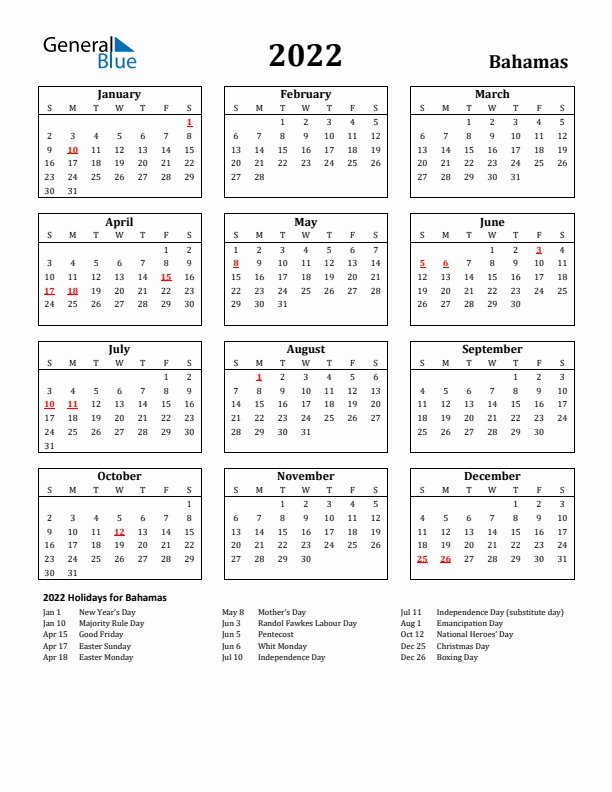 2022 Bahamas Holiday Calendar - Sunday Start
