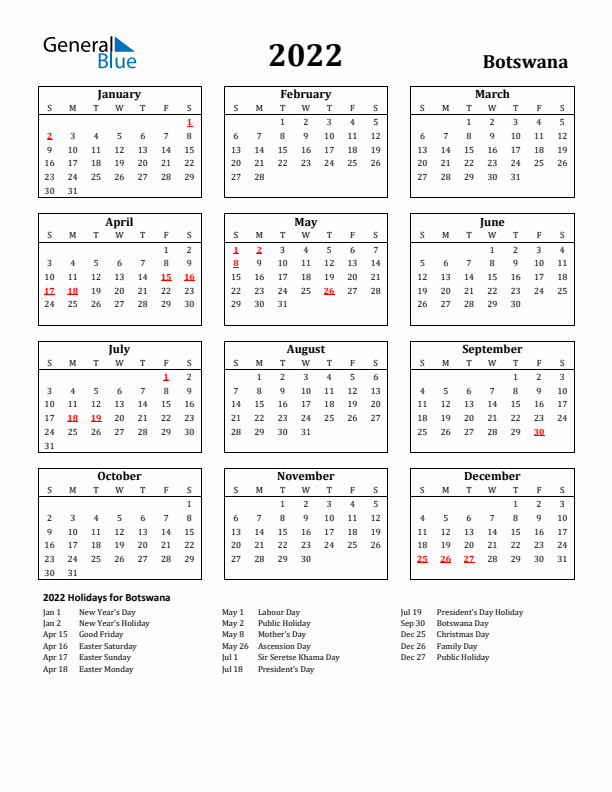 2022 Botswana Holiday Calendar - Sunday Start