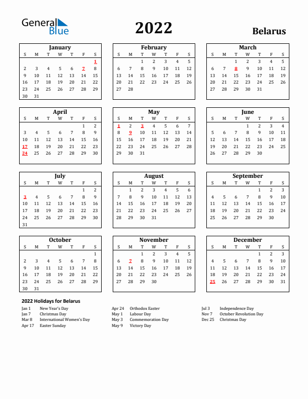 2022 Belarus Holiday Calendar - Sunday Start