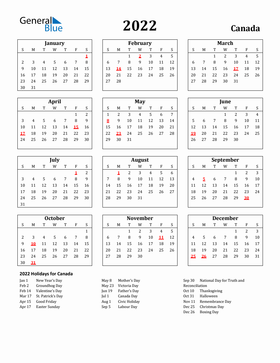 Free Printable 2022 Canada Holiday Calendar