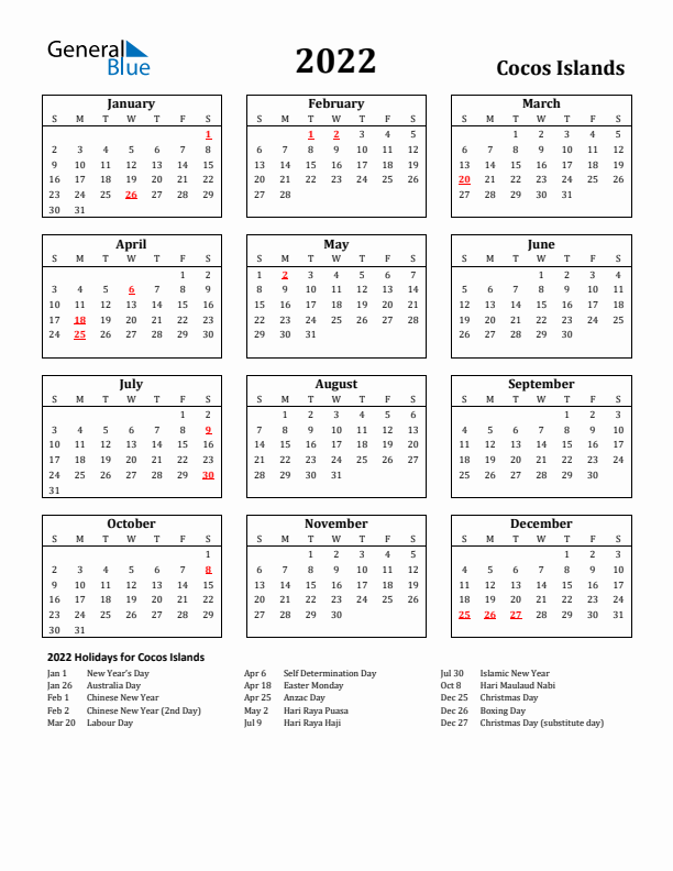 2022 Cocos Islands Holiday Calendar - Sunday Start