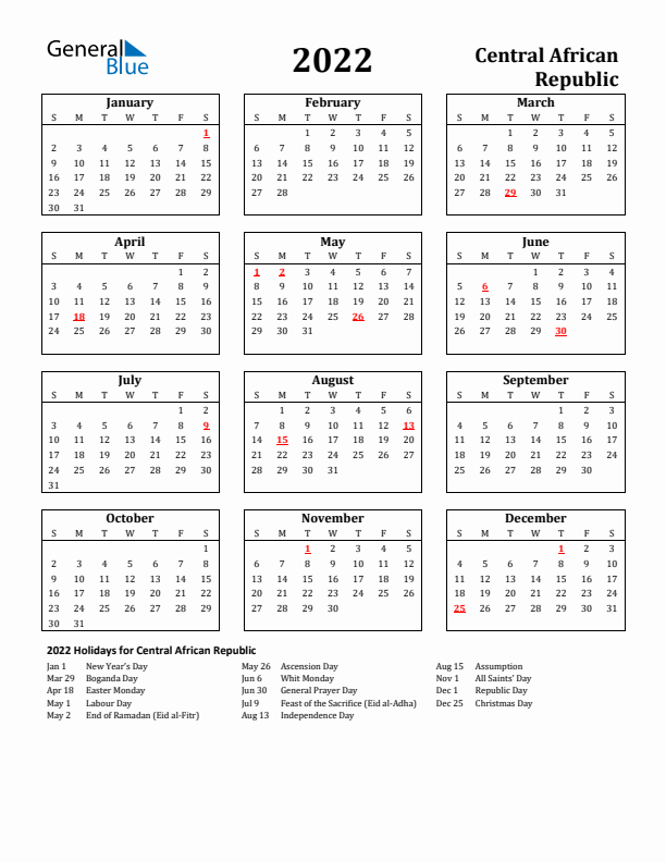 2022 Central African Republic Holiday Calendar - Sunday Start