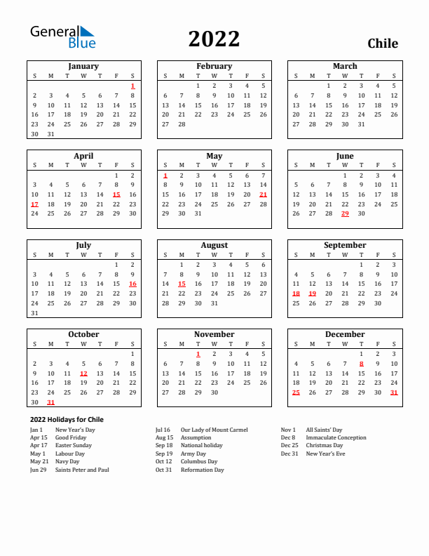 2022 Chile Holiday Calendar - Sunday Start