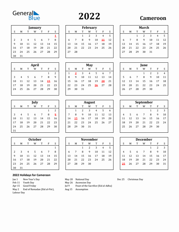 2022 Cameroon Holiday Calendar - Sunday Start