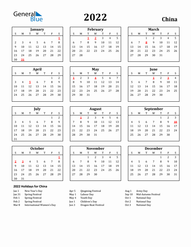 2022 China Holiday Calendar - Sunday Start