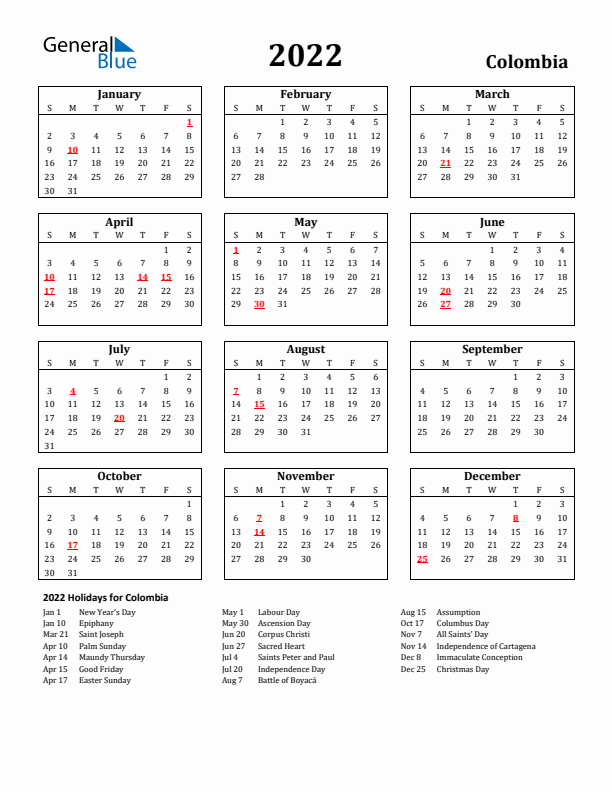 2022 Colombia Holiday Calendar - Sunday Start
