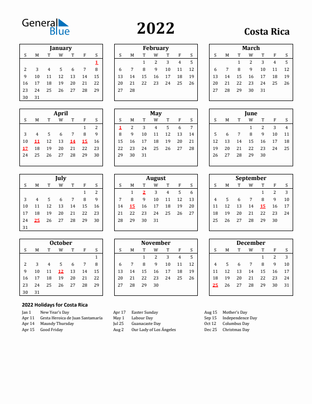 2022 Costa Rica Holiday Calendar - Sunday Start
