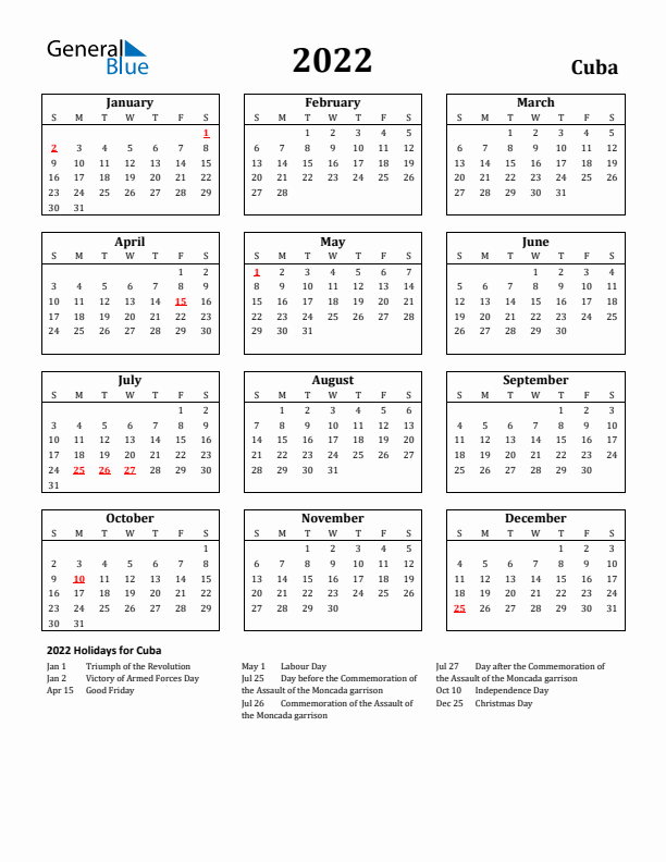2022 Cuba Holiday Calendar - Sunday Start