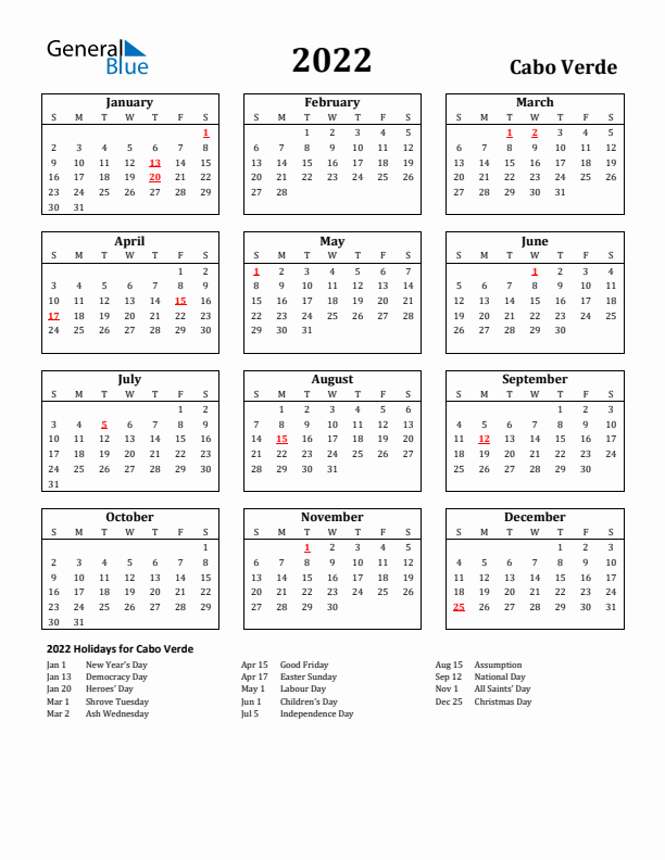 2022 Cabo Verde Holiday Calendar - Sunday Start