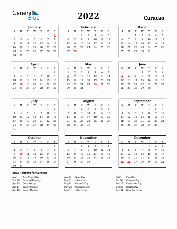 2022 Curacao Holiday Calendar - Sunday Start