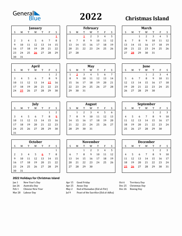 2022 Christmas Island Holiday Calendar - Sunday Start