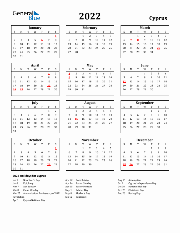 2022 Cyprus Holiday Calendar - Sunday Start