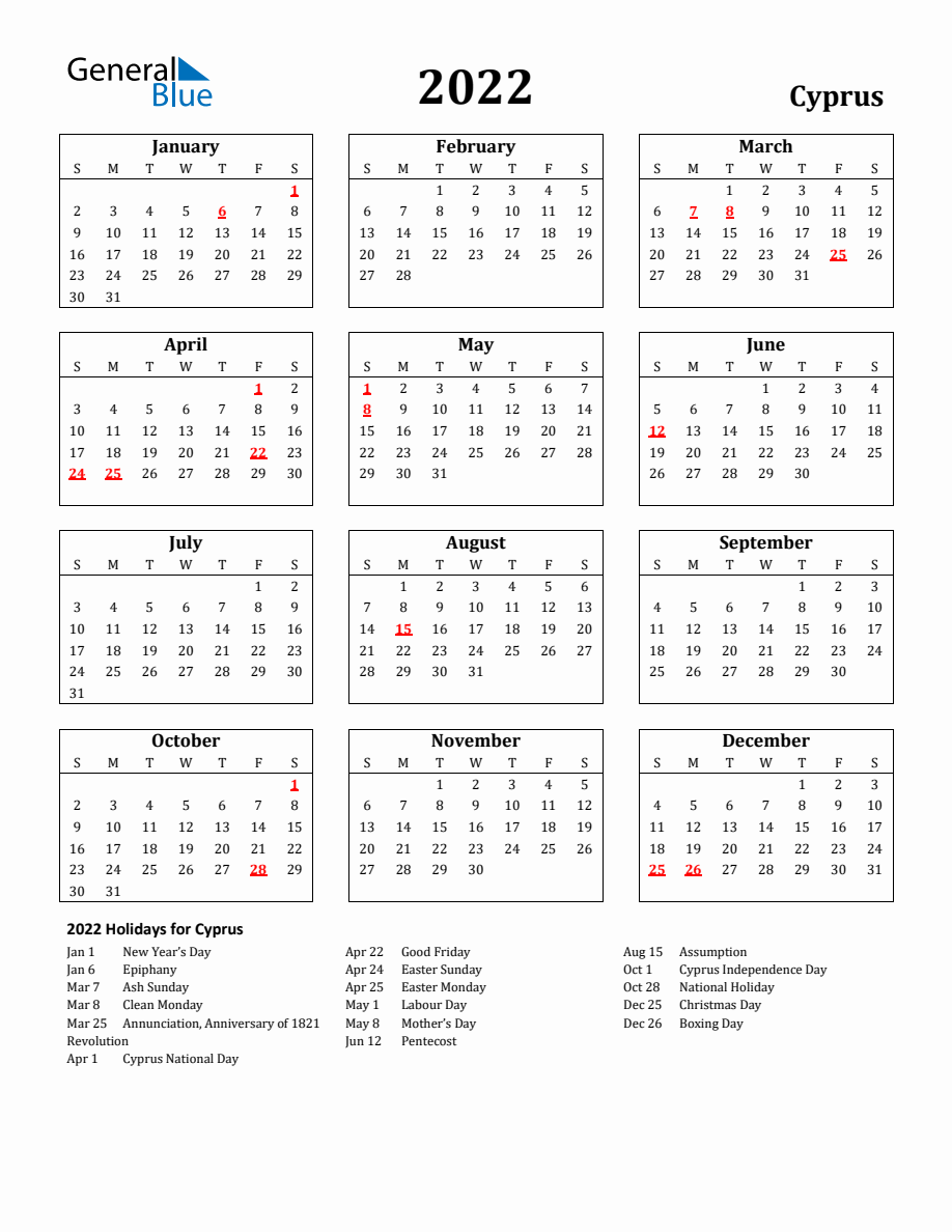 Free Printable 2022 Cyprus Holiday Calendar