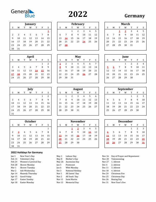 2022 Germany Holiday Calendar - Sunday Start