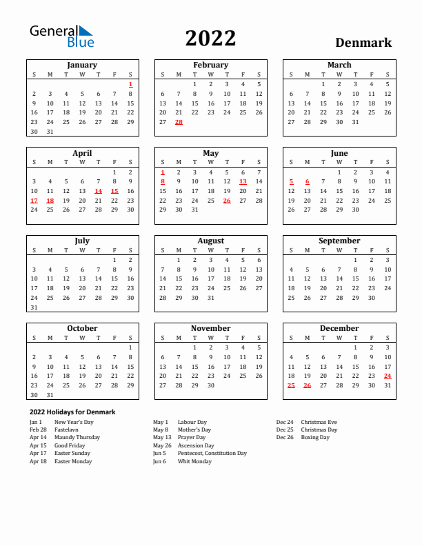 2022 Denmark Holiday Calendar - Sunday Start