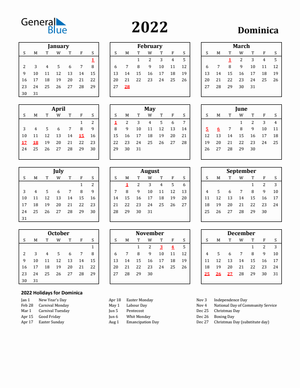 2022 Dominica Holiday Calendar - Sunday Start