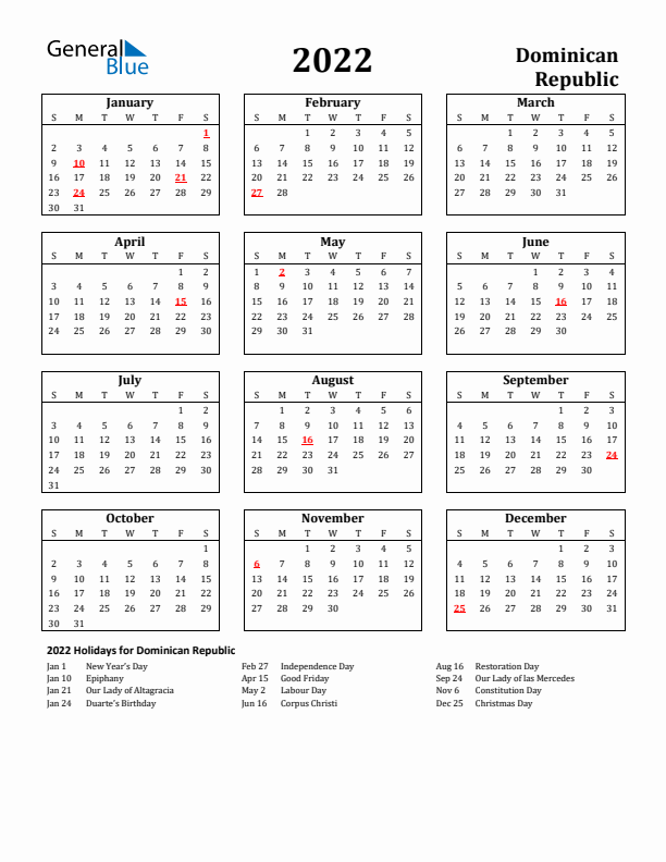 2022 Dominican Republic Holiday Calendar - Sunday Start
