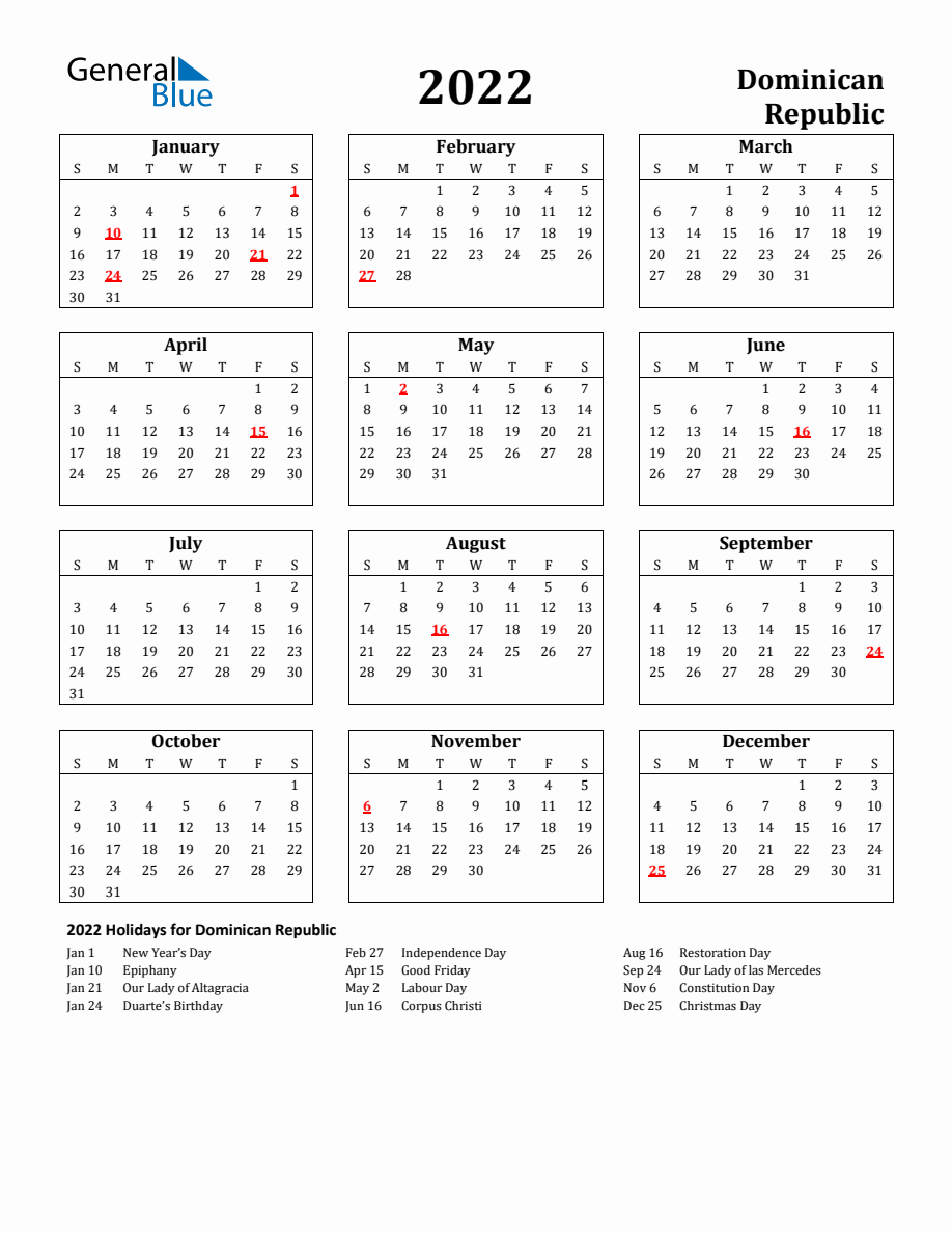 Free Printable 2022 Dominican Republic Holiday Calendar