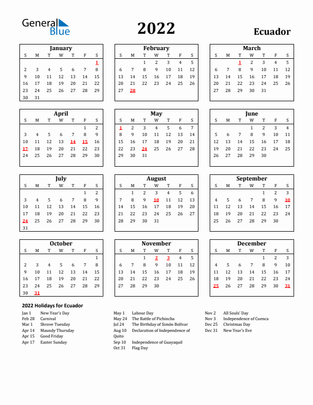 2022 Ecuador Holiday Calendar - Sunday Start