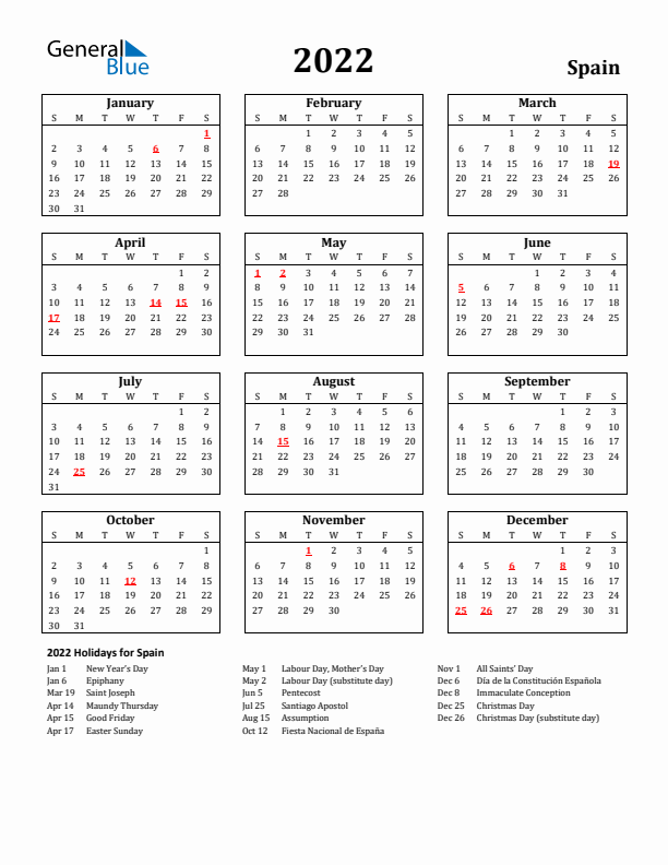 2022 Spain Holiday Calendar - Sunday Start