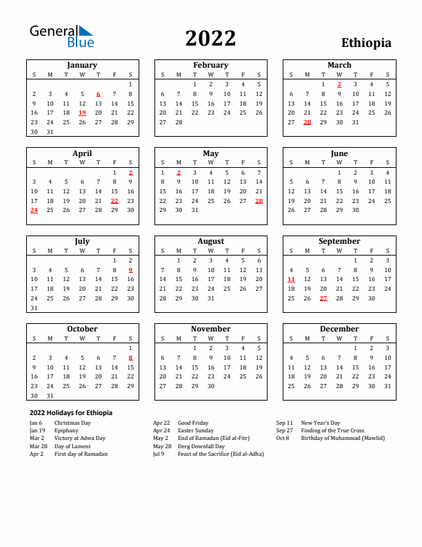 2022 Ethiopia Holiday Calendar - Sunday Start