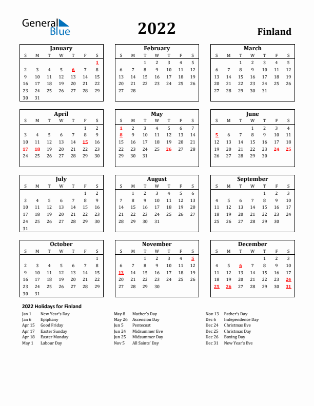 2022 Finland Holiday Calendar - Sunday Start