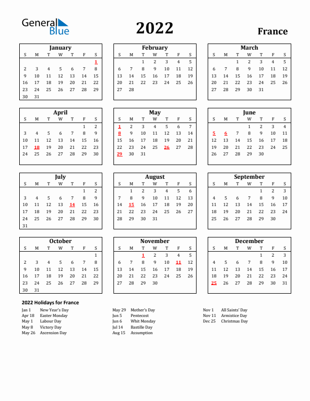 2022 France Holiday Calendar - Sunday Start