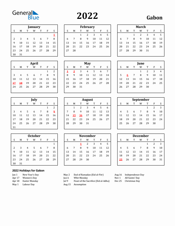 2022 Gabon Holiday Calendar - Sunday Start