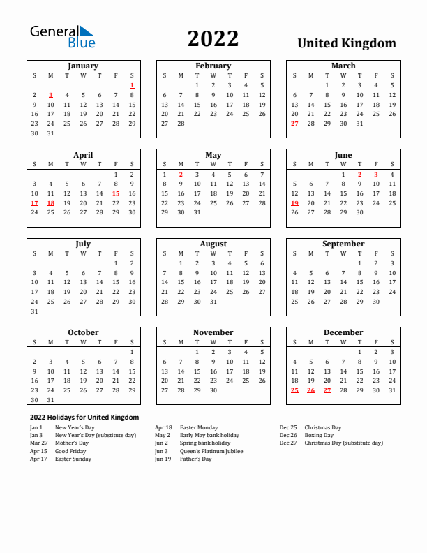 2022 United Kingdom Holiday Calendar - Sunday Start
