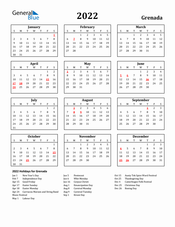 2022 Grenada Holiday Calendar - Sunday Start
