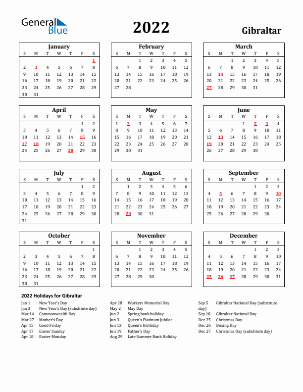 2022 Gibraltar Holiday Calendar - Sunday Start