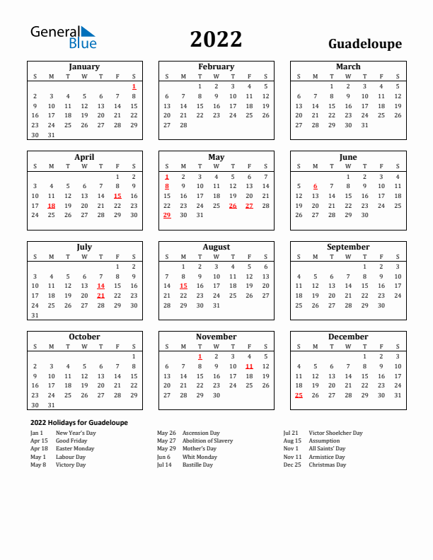 2022 Guadeloupe Holiday Calendar - Sunday Start